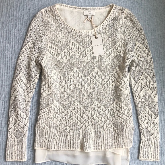 Lucky Brand Women’s Sweater Size Medium Chevron Layered White Grey Long Sleeve - Picture 1 of 16